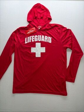 Officially Licensed Lifeguard Hooded Performance Shirt Red UPF Long Sleeve NWT